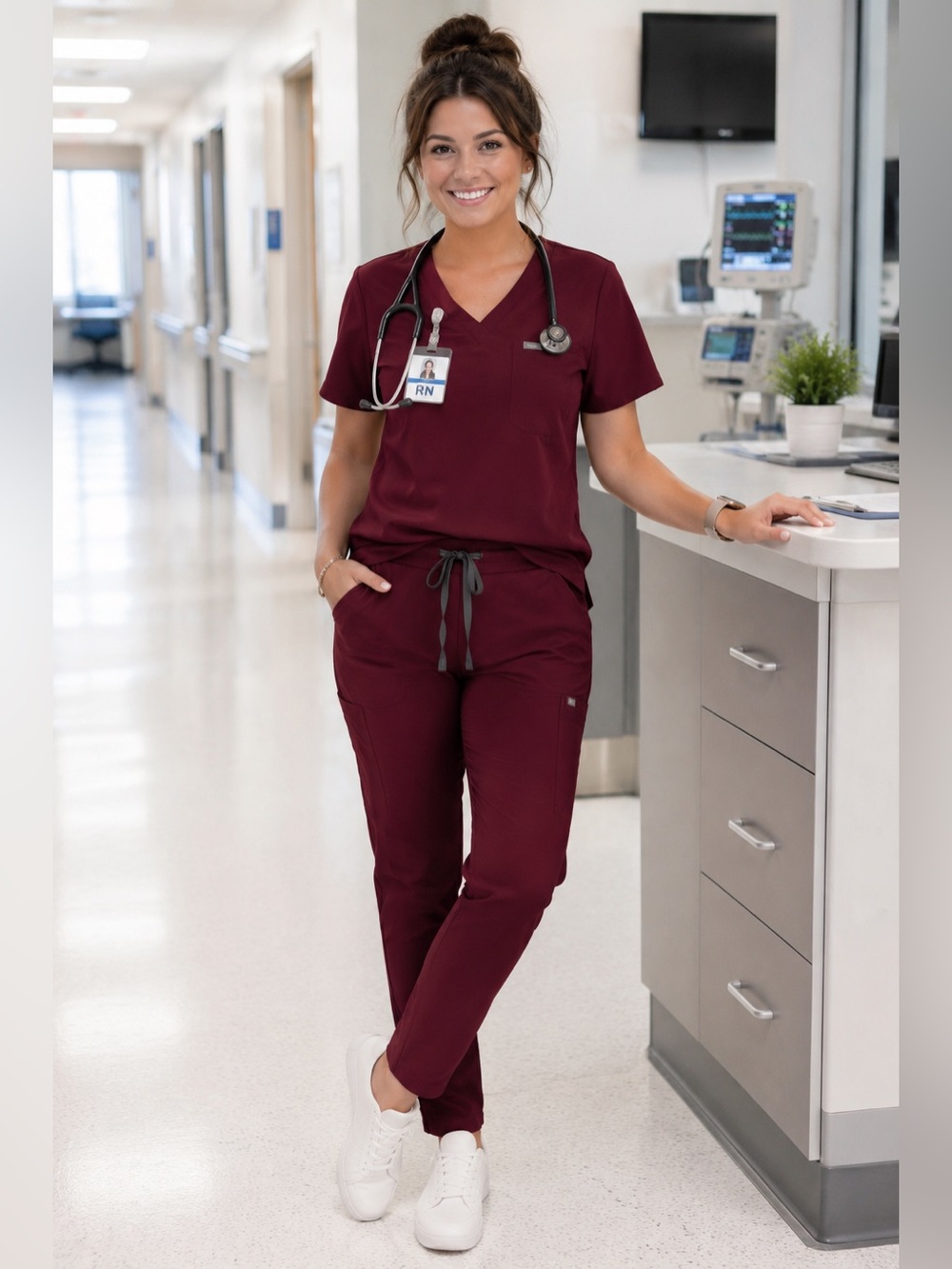 FIGS Women's Top Pants Medical Scrub Set in Burgundy S